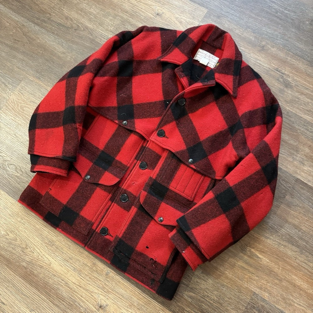 VTG Filson Mackinaw Cruiser Jacket Woolmark Era Lot 83 USA Sz 42 FAIR Black‎ Red